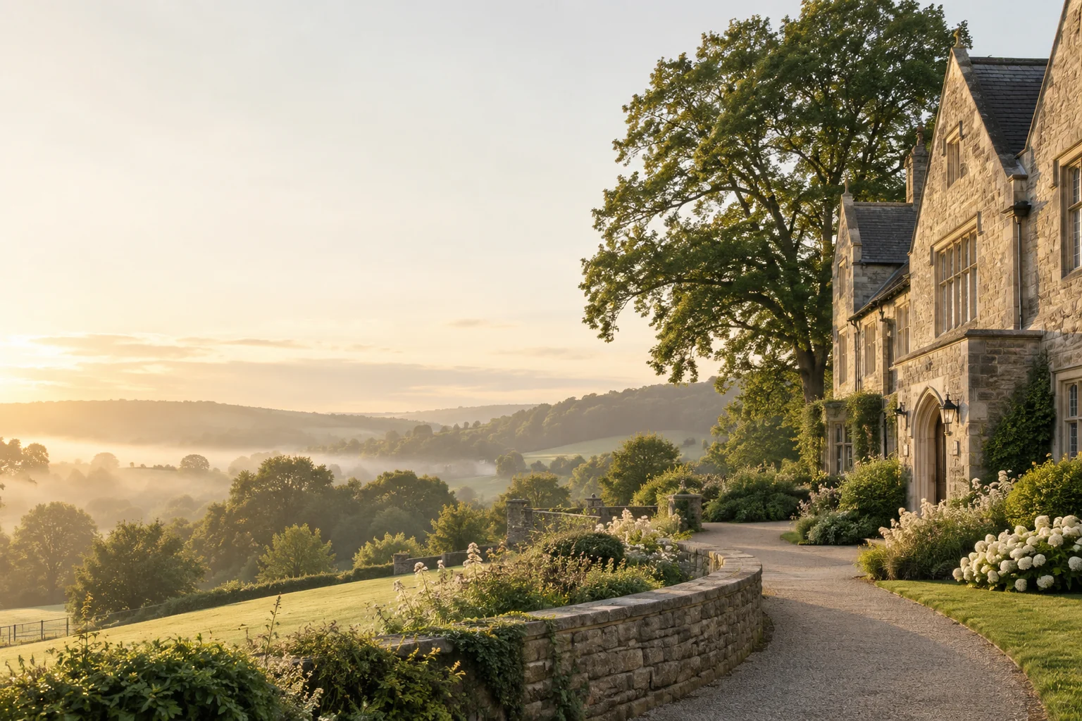 A stone school building beside landscaped grounds in warm sunlight