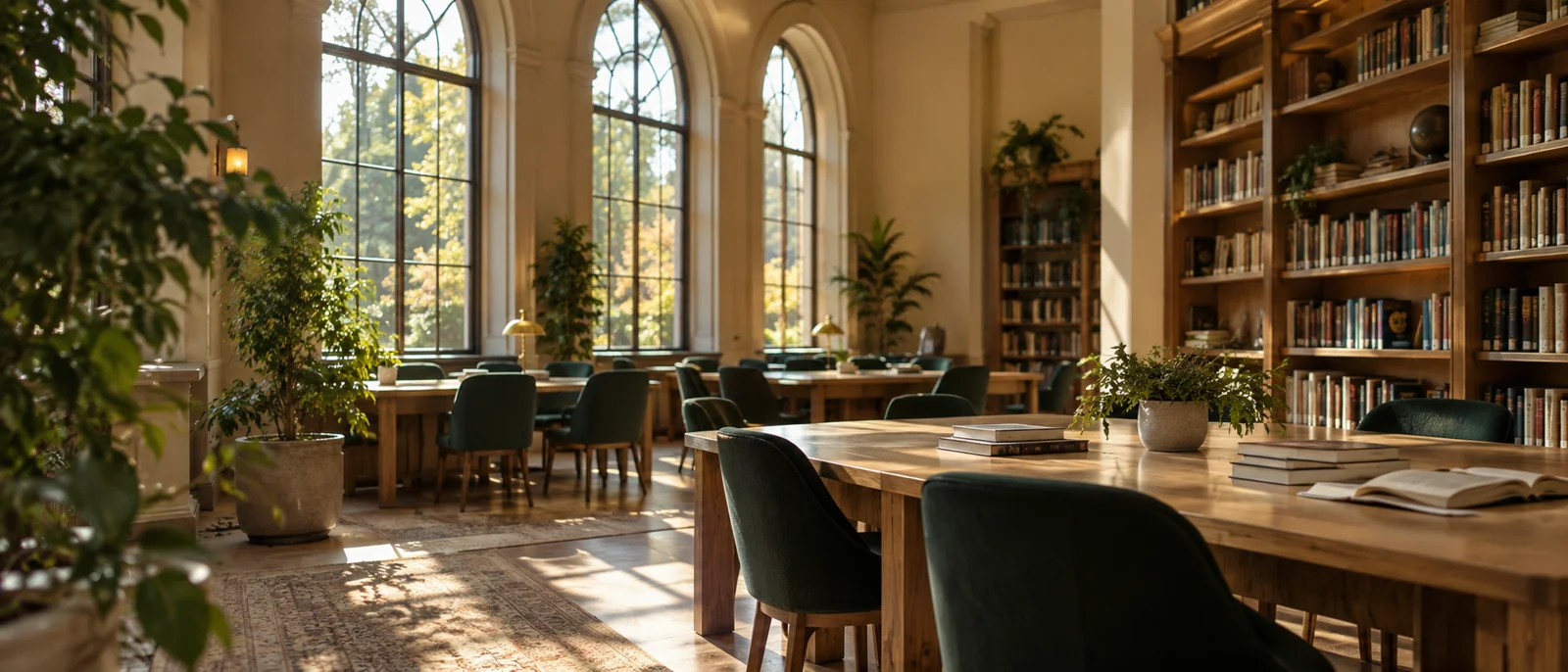 A bright library with books and welcoming reading spaces