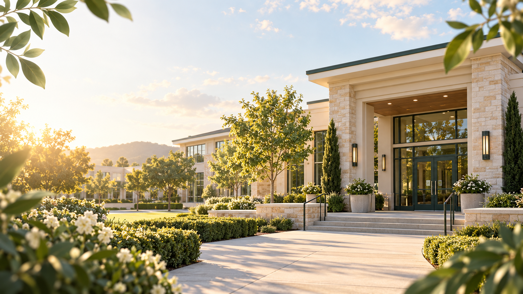 Illustrated entrance to a welcoming school campus